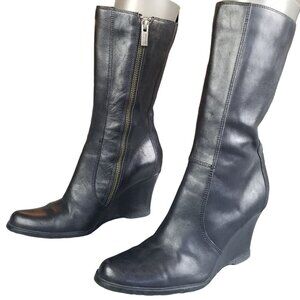Black Kenneth Cole Reaction leather wedge calf boots size 6